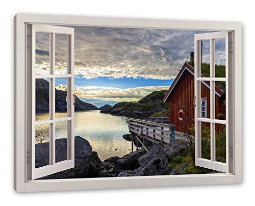 Pixxprint Sonnenaufgang am Fjord Norwegens, Fenster Leinwandbild | Größe: 80x60 cm | Wandbild | Kunstdruck von Pixxprint