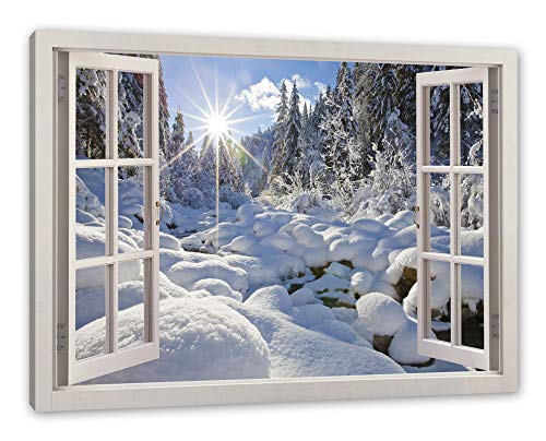 Pixxprint Sonnenstrahlen im Wald, Fenster Leinwandbild | Größe: 120x80 cm | Wandbild | Kunstdruck von Pixxprint