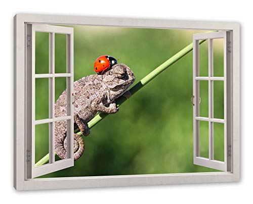 Pixxprint Süßer Gecko mit einem Marienkäfer, Fenster Leinwandbild | Größe: 60x40 cm | Wandbild | Kunstdruck von Pixxprint