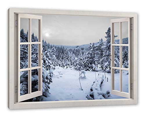 Pixxprint Wald im verschneiten Winter, Fenster Leinwandbild | Größe: 80x60 cm | Wandbild | Kunstdruck von Pixxprint