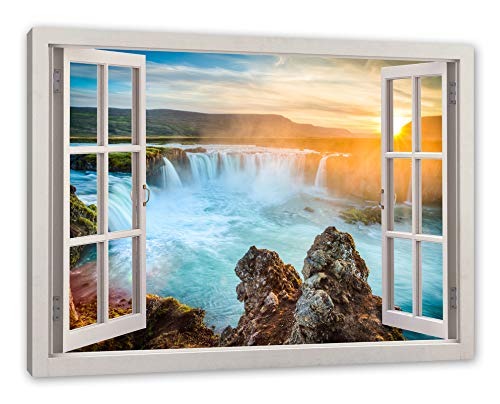 Pixxprint Wasserfall, Fenster Leinwandbild | Größe: 120x80 cm | Wandbild | Kunstdruck von Pixxprint