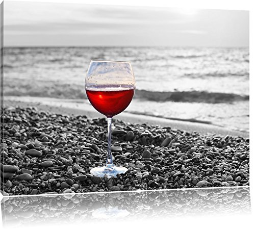 Pixxprint Weinglas am Steinstrand B&W, Größe: 60x40cm, Leinwandbild, fertig gespannt, Wandbild, Dekoration, Kunstdruck, kein Poster von Pixxprint