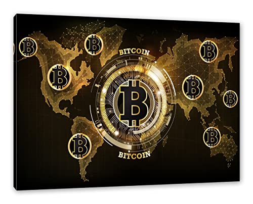 Pixxprint Weltkarte des Bitcoin BTC als Leinwandbild | Größe: 120x80 cm | Wandbild | Kunstdruck | fertig bespannt von Pixxprint