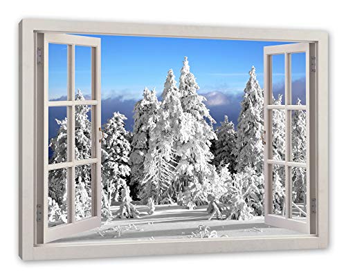 Pixxprint Winter Wunderland, Fenster Leinwandbild | Größe: 100x70 cm | Wandbild | Kunstdruck von Pixxprint