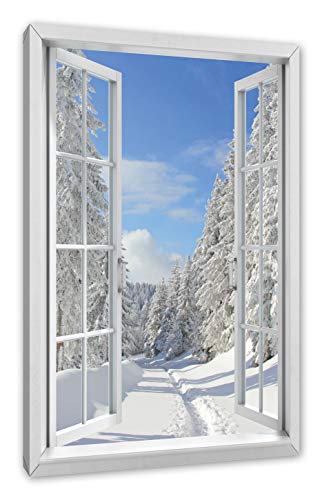 Pixxprint Winterlandschaft Bäume, Fenster Leinwandbild | Größe: 100x70 cm | Wandbild | Kunstdruck von Pixxprint