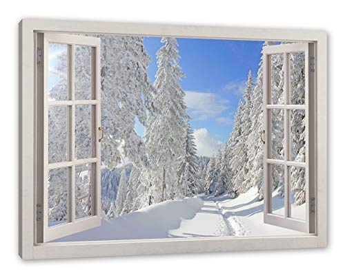 Pixxprint Winterlandschaft Bäume, Fenster Leinwandbild | Größe: 120x80 cm | Wandbild | Kunstdruck von Pixxprint