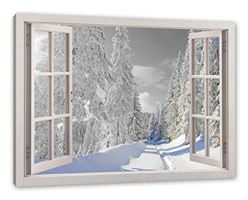 Pixxprint Winterlandschaft mit Bäumen, Fenster Leinwandbild | Größe: 100x70 cm | Wandbild | Kunstdruck von Pixxprint