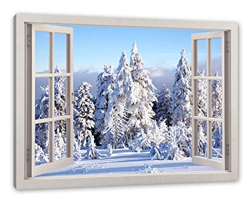 Pixxprint Winterwald, Fenster Leinwandbild | Größe: 120x80 cm | Wandbild | Kunstdruck von Pixxprint