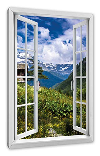 Pixxprint Wunderschöne Berghütte, Fenster Leinwandbild | Größe: 80x60 cm | Wandbild | Kunstdruck von Pixxprint