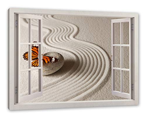 Pixxprint Zen Schmetterling, Fenster Leinwandbild | Größe: 100x70 cm | Wandbild | Kunstdruck von Pixxprint