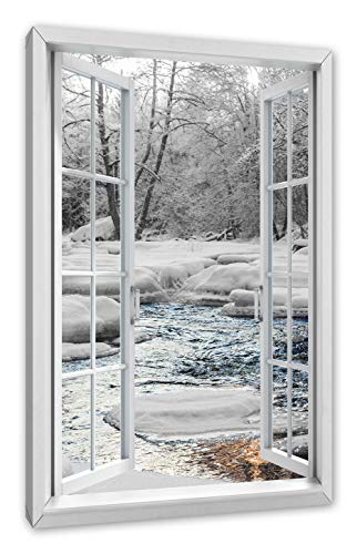 Pixxprint wunderschöner Bach im Winter, Fenster Leinwandbild | Größe: 80x60 cm | Wandbild | Kunstdruck von Pixxprint