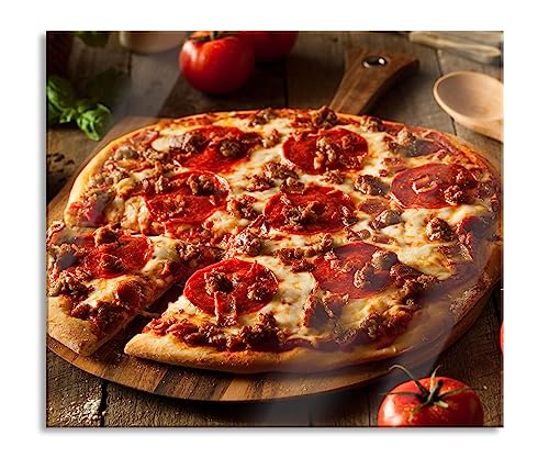 Pizza mit Salami und Tomaten Herdabdeckplatte & Spritzschutz aus Echtglas | Für Herd-Kochfelder | 60x52 cm von Pixxprint