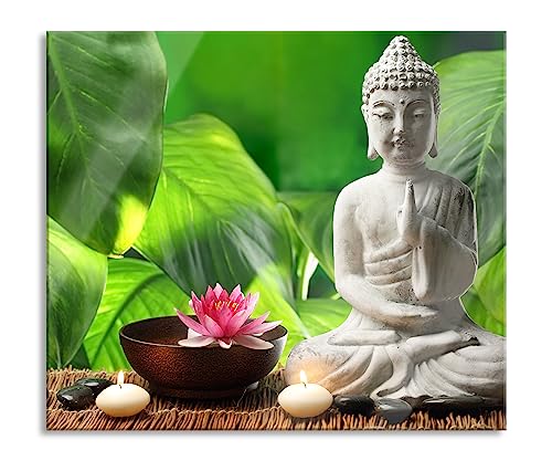 Seerose Buddha Statue Herdabdeckplatte & Spritzschutz aus Echtglas | Für Herd-Kochfelder | 60x52 cm von Pixxprint