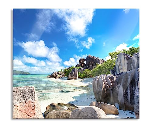 Seychellen Strand Herdabdeckplatte & Spritzschutz aus Echtglas | Für Herd-Kochfelder | 60x52 cm von Pixxprint