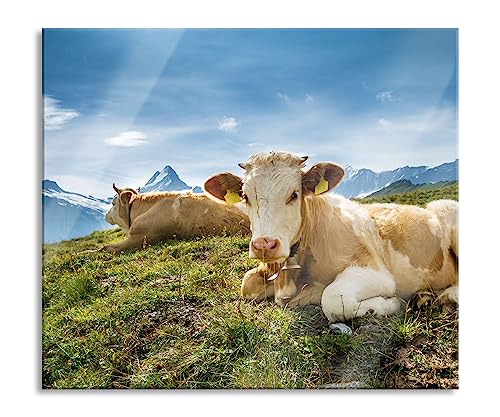 Simmentaler Kühe vor Schweizer Alpen Herdabdeckplatte & Spritzschutz aus Echtglas | Für Herd-Kochfelder | 60x52 cm von Pixxprint