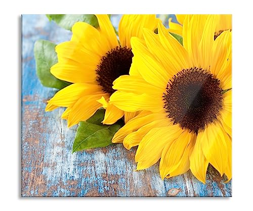 Sonnenblumen auf Holztisch Herdabdeckplatte & Spritzschutz aus Echtglas | Für Herd-Kochfelder | 60x52 cm von Pixxprint