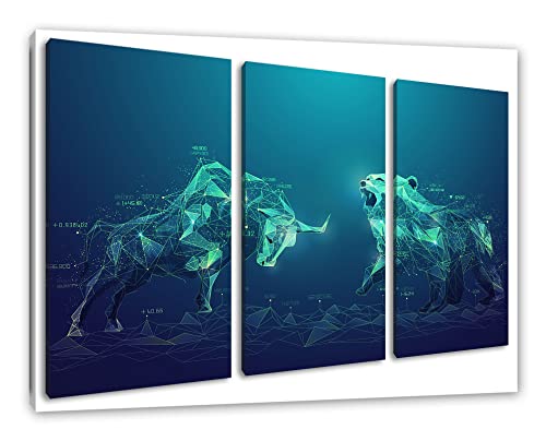 Pixxprint Stier vs. Bär – Börse Aktienals Leinwandbild 3 teilig | Größe: 120x80 cm | Wandbild | Kunstdruck | fertig bespannt von Pixxprint