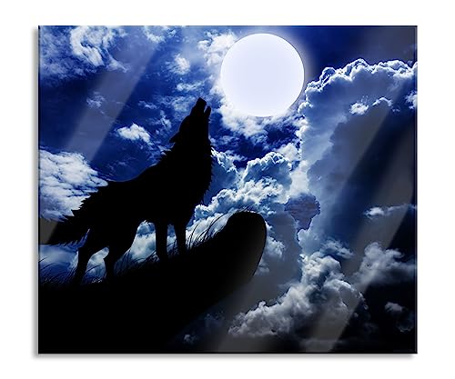 Wolf im Mondschein Herdabdeckplatte & Spritzschutz aus Echtglas | Für Herd-Kochfelder | 60x52 cm von Pixxprint