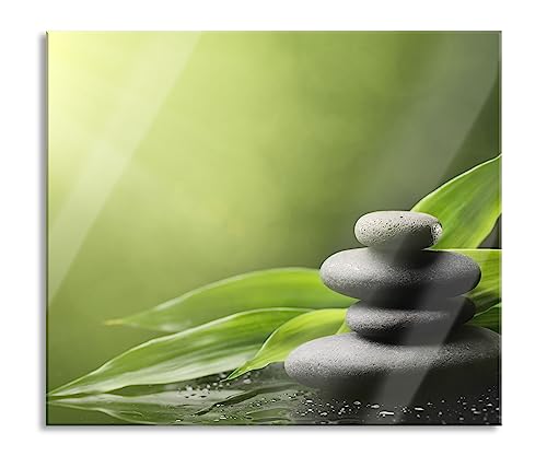 Zen Steine mit Blättern Herdabdeckplatte & Spritzschutz aus Echtglas | Für Herd-Kochfelder | 60x52 cm von Pixxprint