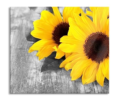 schöne Sonnenblumen auf Holztisch Herdabdeckplatte & Spritzschutz aus Echtglas | Für Herd-Kochfelder | 60x52 cm von Pixxprint