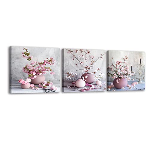 Piy Painting 3 Set HD Leinwandbilder Rosa Floral Elegant Kirschblüte Gemälde Bilder Leinwanddrucke Moderne Schlafzimmerbilder Für Wohnkultur Yoga-Raum Neujahrsgeschenk 30x30CM von Piy Painting