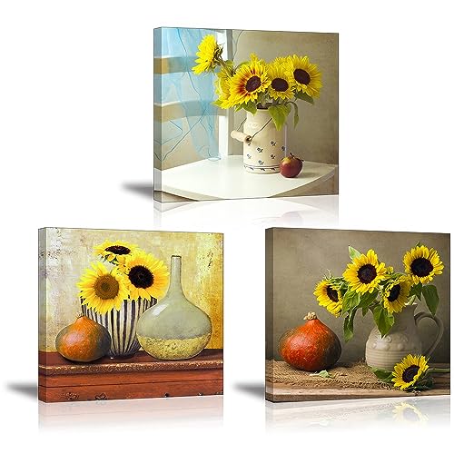 Piy Painting 3 Teilig Leinwandbild Leinwanddruck, Wandbilder Sonnenblumen mit Vase Kunstdruck auf Leinwand, Blühende Blumen Bild mit Keilrahmen für Geburtstagsgeschenk für Freund 30x30cm von Piy Painting