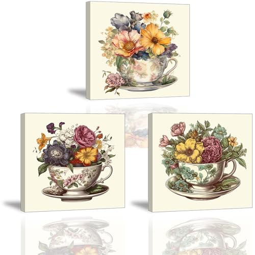 Piy Painting 3er Wand Kunst Blumen in der Tasse Bild Set 30x30CM Elegante Blume Foto Leinwand Malerei Blumen Leinwandbild Wohnkultur Wandkunst Mit Holzrahmen für Yoga-Raum Wohnzimmerbilder von Piy Painting