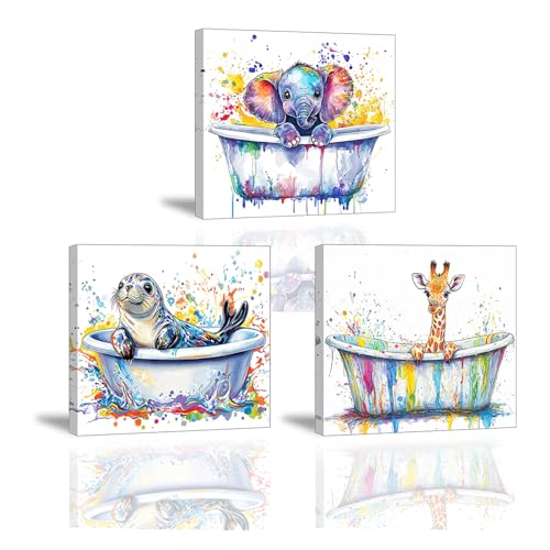 Piy Painting Animal Wandbilder, Badewanne Wand dekorative Malerei, Elefant Delfin Giraffe Kunst Poster, Leicht Zu Hängen für Schlafzimmer Badezimmer Flur Café, 3 Stück, 30x30 cm (90x30 cm) von Piy Painting