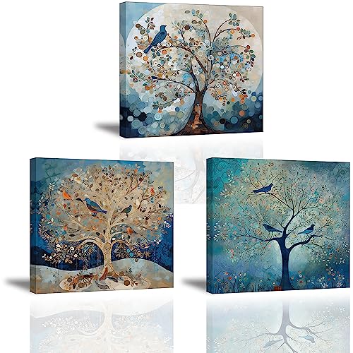 Piy Painting Blauer Baum Leinwandbild Abstrakte Moderne Wohnzimmerbilder Kunstdrücke auf Leinwand Umrahmt Kunstwerk Wanddekoration für Yoga Raum Büro Home Dekor 3 Bild 30x30cm von Piy Painting