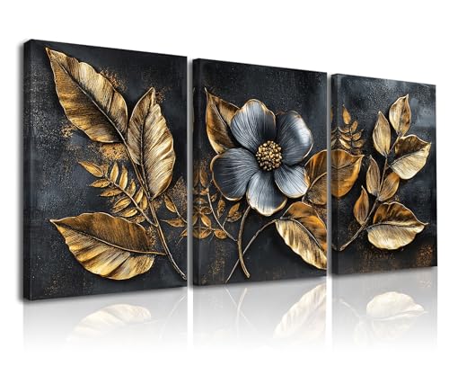 Piy Painting Blumen Wandgemälde, Schwarz Und Goldene Kunst Poster, Pflanzen Leinwand Gemälde, Leicht Zu Hängen Für Schlafzimmer Wohnzimmer Büro Besprechungsraum Flur, 3x58x40 cm (58x120 cm) von Piy Painting