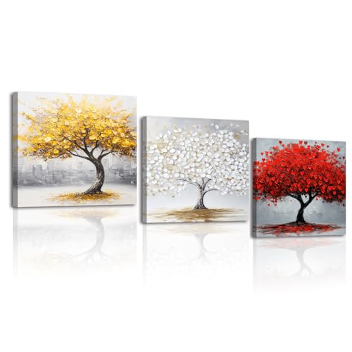 Piy Painting Der Baum des Lebens Wandkunst, Abstrakter Leinwanddruck, Gelb Weiß Rot Wandbilder, Leicht Zu Hängen für Wohnzimmer Büro Bad Eingangsbereich, Set von 3, 30x30 cm (90x30 cm) von Piy Painting
