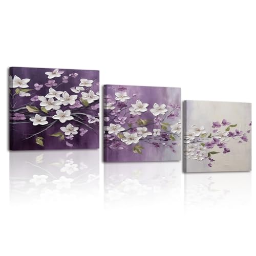 Piy Painting Florale Leinwand Wandkunst, Lila Weiß Kunst Poster, Romantischer Kunstdruck auf Leinwand, Bild auf Leinwand für Schlafzimmer Wohnzimmer Badezimmer Café, 3 Paneele 30x30 cm (90x30 cm) von Piy Painting