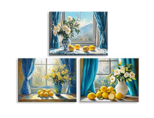 Piy Painting Landschaft Gemälde, Zitrone Leinwandbilder, Der Blick aus dem Fenster, Leinwand Wandbilder Für Schlafzimmer Cafe Wohnungen Bars Bankette Yoga Studio, 3 Stück, 40x30 cm/90X40 CM von Piy Painting