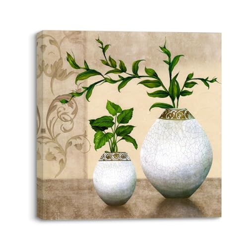 Piy Painting Leinwand Bilder Grüne Pflanzen in Vase Leinwand Gemälde Bild auf Leinwand Pflanze Moderne Wandkunst Kunstwerk mit Innenrahmen für Badezimmer Büro (1er 30X30CM) von Piy Painting