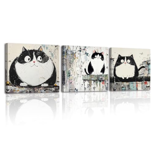 Piy Painting Leinwand Wandbilder, Tier Leinwanddruck, Schwarz-Weißes Kätzchen Leinwand Gemälde, Kunstposter Für Für Schlafzimmer Wohnzimmer Eingang Flur Cafe, Set Von 3, 30x30 cm (90X30 CM) von Piy Painting