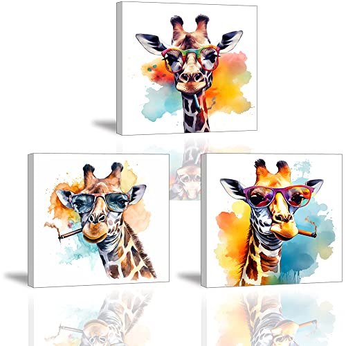 Piy Painting Süße Giraffe Leinwandbilder 3er-Set Wandkunst Leinwand Malerei Tierbild auf Leinwand Bunt Kunstdrücke auf Leinwand Mit eingebautem Rahmen für Jungenzimmer und Mädchenzimmer (30x30cm) von Piy Painting