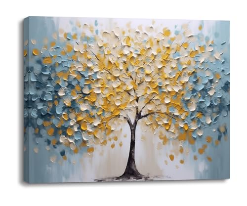 Piy Painting Wandbilder, Baum Leinwand Gemälde, Aquarell Leinwanddruck, Blaue Und Gelbe Gemälde Für Wohnzimmer Büro Eingang Flur Küche, Eingebautem Holzrahmen, 30x40 cm von Piy Painting