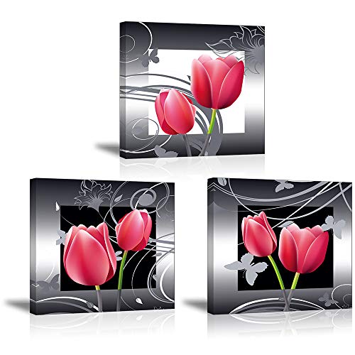 Piy Painting Wandbilder 3 Panel Rote Elegante Tulpen Bilder und Kunstdrucke auf Leinwand wasserdichte Leinwandbild Blumen Ölgemälde Deko für Wohnzimmer Schlafimmer Küche Geburtstagsgeschenk 30x30cm von Piy Painting