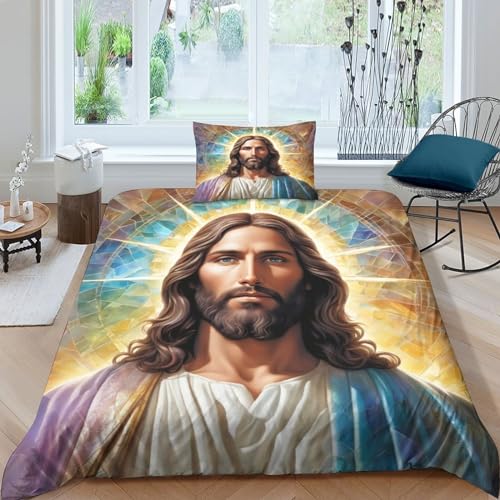 PiyAx Jesus 3D-Gedruckter Bettbezug Mit Kissenbezug Und Bettwäsche-Set Mikrofaser-Bettbezug-Sets Mit Reißverschluss Geeignet Jugendliche Und Kinder (Single（135x200cm）) von PiyAx