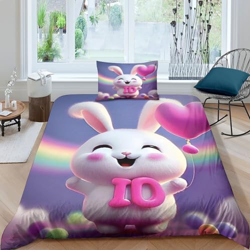 PiyAx Süßer Hase Bettwäsche Set Kinder Jungen Jugendliche Mädchen 3D Weiche Bettbezug Aus Mikrofaser Und Kissenbezug Mit Reißverschluss Single（135x200cm） von PiyAx