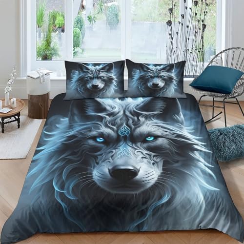 PiyAx Wolf Bettwäsche 3D Gedruckter Set Für Erwachsene Teenager Kinder Mit Kissenbezug Und Bettwäsche-Set Mikrofaser-Bettbezug Mit Reißverschluss Double（200x200cm） von PiyAx