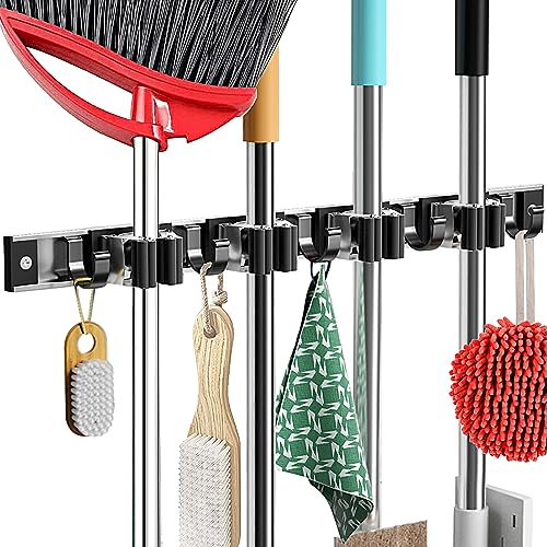 Piyl Besenmopphalter aus Metall, Wandhalterung, verschiebbarer Edelstahl-Wand-Organizer, Garage, Aufbewahrung, Garten, Utensilienregal, Werkzeug-Organisation, Wand (1 Packung 4R5H, schwarz) von Piyl