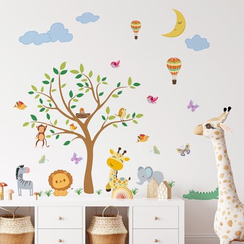 Wandtattoo Kinderzimmer, Wandtattoo Waldtiere, Wandaufkleber Kinderzimmer Deko Baum Löwe Elefant Vogel Zebra Giraffe Affe Schmetterling Babyzimmer Wandsticker für Junge Mädchen Schlafzimmer von Piymnys