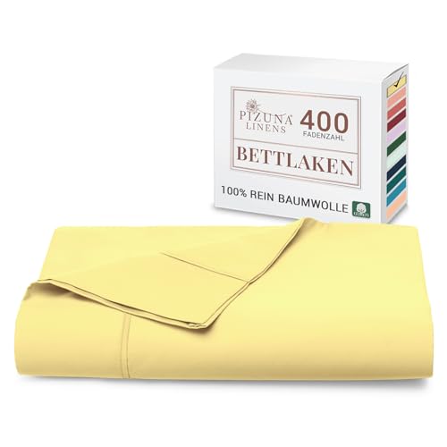 Mildes Gelb Bettlaken 180x280cm Baumwolle,400 Fadenzahl 100% Langstapelige Baumwolle Betttuch 180x280, Weiche Satin Webart Bettlaken ohne Gummizug (Mildes Gelb Baumwolle betttuch 180 x 280 cm) von Pizuna
