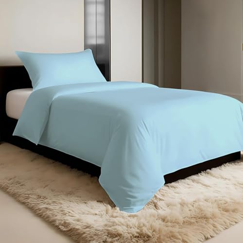 Pizuna 600 Fadenzahl aus Baumwolle Bettwäsche Babyblau, 100% Langstaple Baumwolle Bettbezug und Kissenbezug, 100% Baumwolle Mako Satin 2-Teilig Bettwäscheset 135x200 + 40x80 Weiß von Pizuna