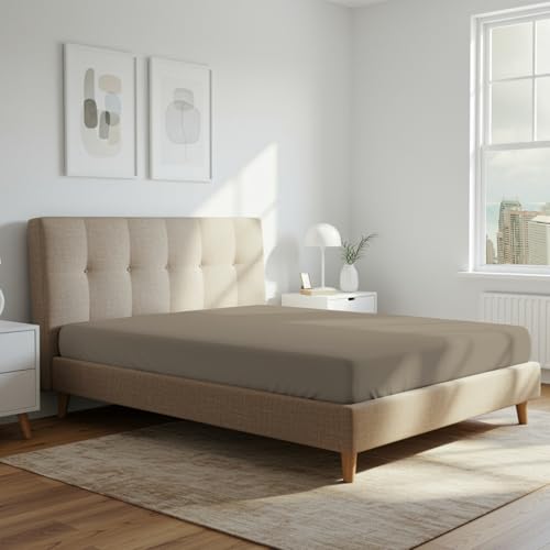 Pizuna 800 Fadenzahl Baumwolle Spannbettlaken 150x200-160x200 cm Einfach Taupe, 100% Langstapelige Spannbetttuch, Weiche Mako Satin-Webart passt bis zu 40cm Matratzenhöhe (100% Baumwolle Bettlaken) von Pizuna