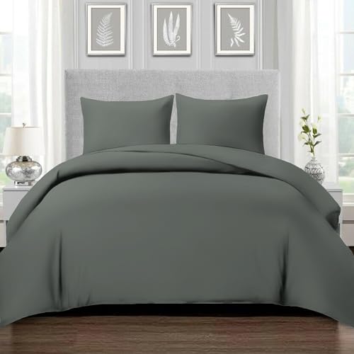 Pizuna 800 Fadenzahl aus Baumwolle Bettwäsche Dunkelgrau, 100% Langstaple Baumwolle Bettbezug und Kissenbezug, 100% Baumwolle Mako Satin 3-Teilig Bettwäscheset 200x220 + 80x80 Dunkelgrau von Pizuna