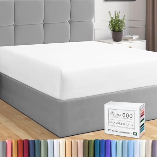 Pizuna Baumwoll-Spannbettlaken mit Fadenzahl 600 Weiß 150x200, 100% langstapeliges Baumwoll-Spannbettlaken, Mako-Satin-Gewebe-Bettlaken ideal für MatratzengröÃŸen 135x200cm, 140x200cm & 145x200cm von Pizuna