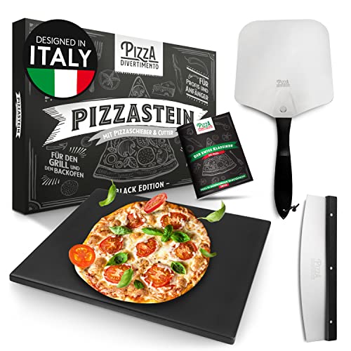 Pizza Divertimento [DAS ORIGINAL] - Pizzastein für Backofen und Gasgrill [3er Set] - Mit Pizzaschieber & Pizzaschneider - Cordierit Pizza Stein - Pizza Stone knuspriger Boden - Inkl. e-Rezeptbuch von Pizza Divertimento