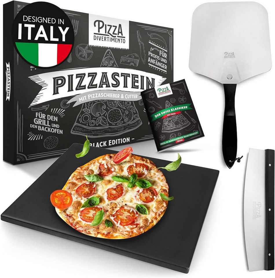 Pizza Divertimento Pizzastein Einzeln oder als Set - Für Backofen & Grill, (Cordierit-Stein - Optional mit Pizzaschieber, Schneider & Rezept-E-Book), Bis 900 Grad Celsius von Pizza Divertimento